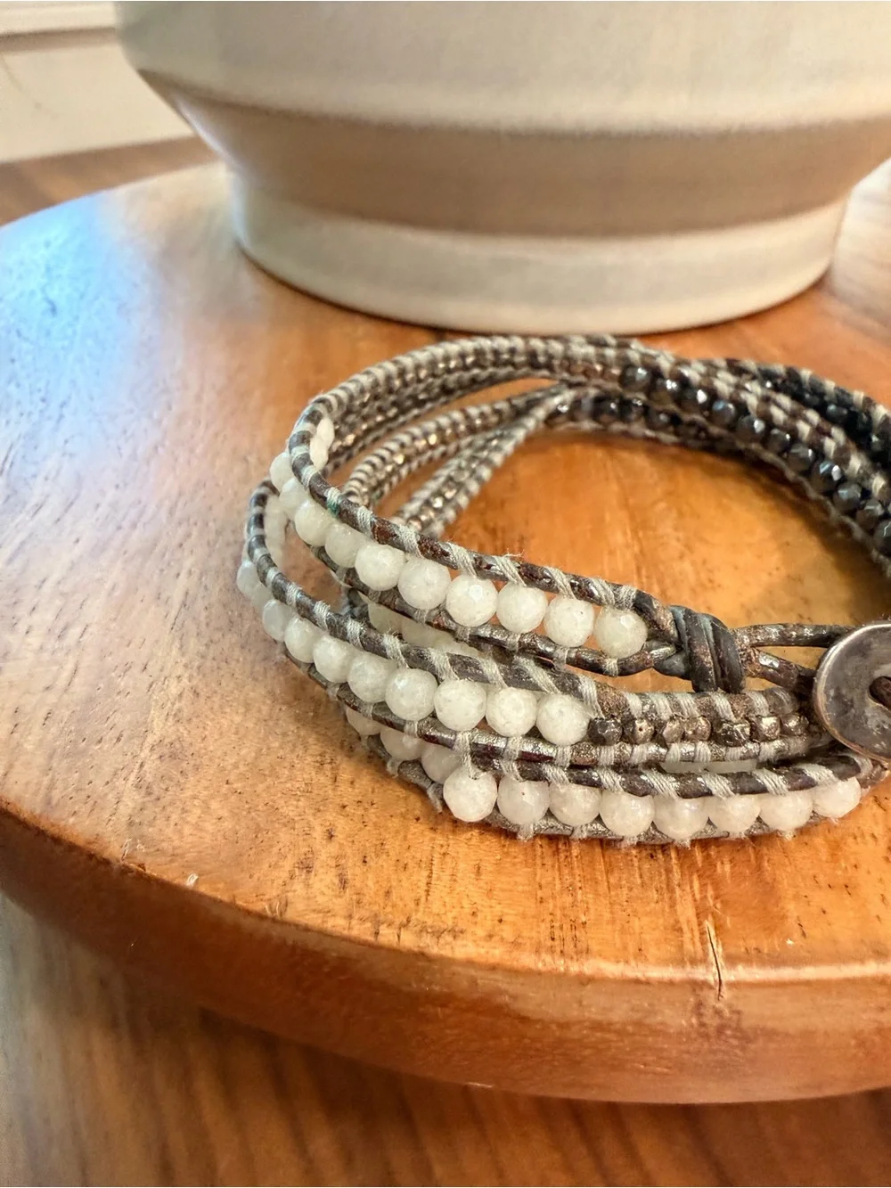 Chan Luu Wrap Bracelet Silver Tone and White Faceted Beads Gray and Brown